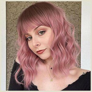 Wavy Bob Wigs Heat Resistant Synthetic Pink